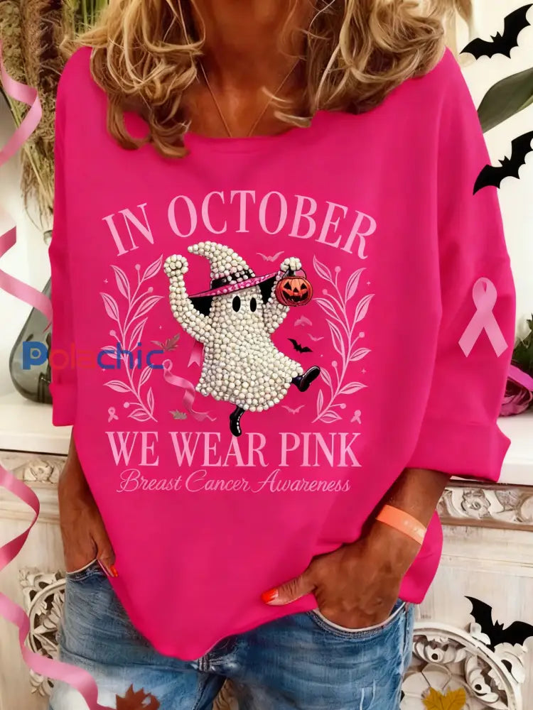 Le cancer du sein rétro diamant-clouté Halloween Ghost Print Sweatshirt à manches longues Rose Foncé / S