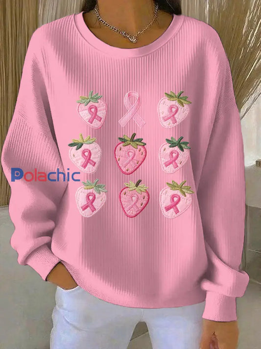 Le cancer du sein rose des femmes brodé fraise imprimé Sweat-shirt décontracté Rose / S