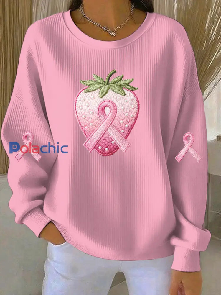 Le cancer du sein rose des femmes brodé fraise imprimé Sweat-shirt décontracté Rose / S