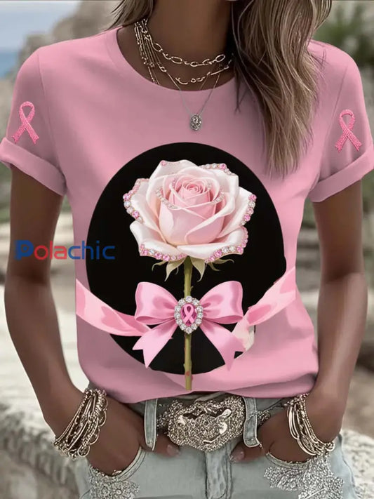 Le cancer du sein Vintage Rose perles florales Imprimer T shirt décontracté à manches courtes en coton Rose / S