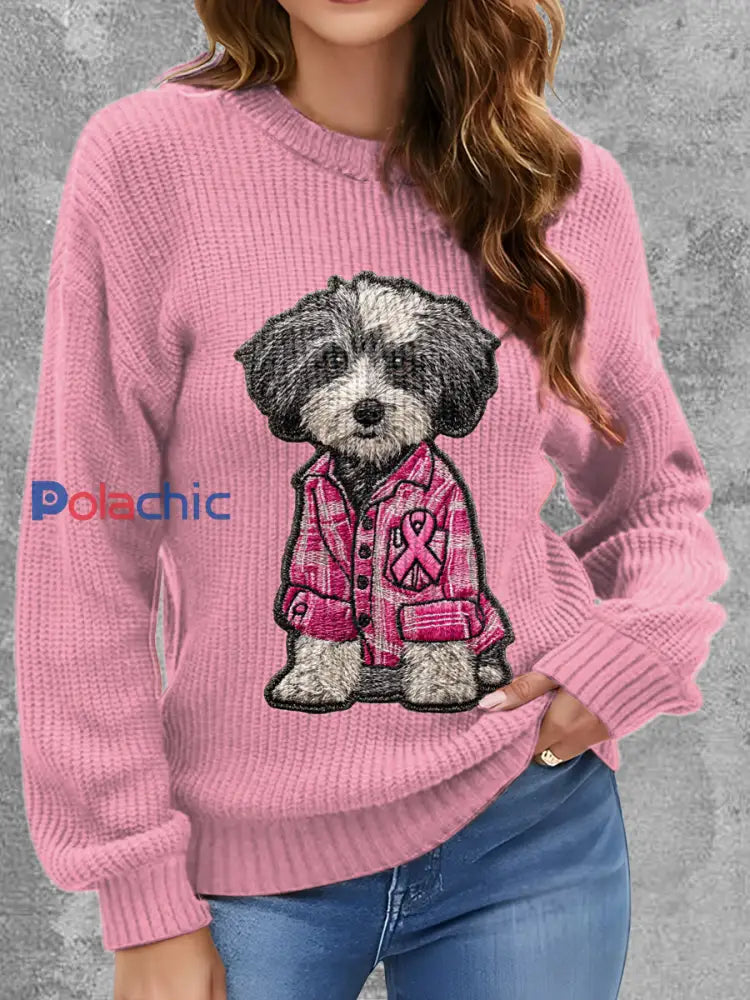 Le chien du cancer du sein des femmes a imprimé autour du chandail confortable de cou Rose / S