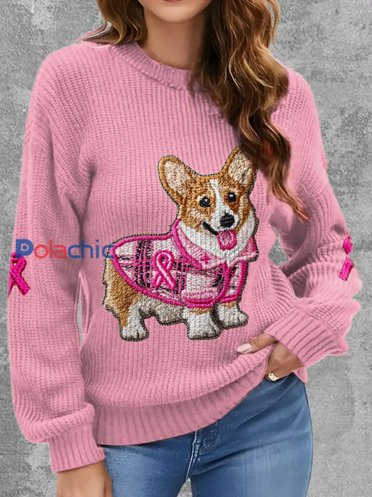 Le chien du cancer du sein des femmes a imprimé autour du chandail confortable de cou Rose / S