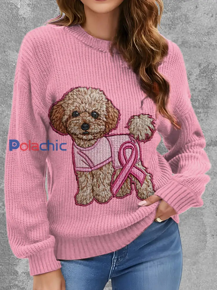 Le chien du cancer du sein des femmes a imprimé autour du chandail confortable de cou Rose / S