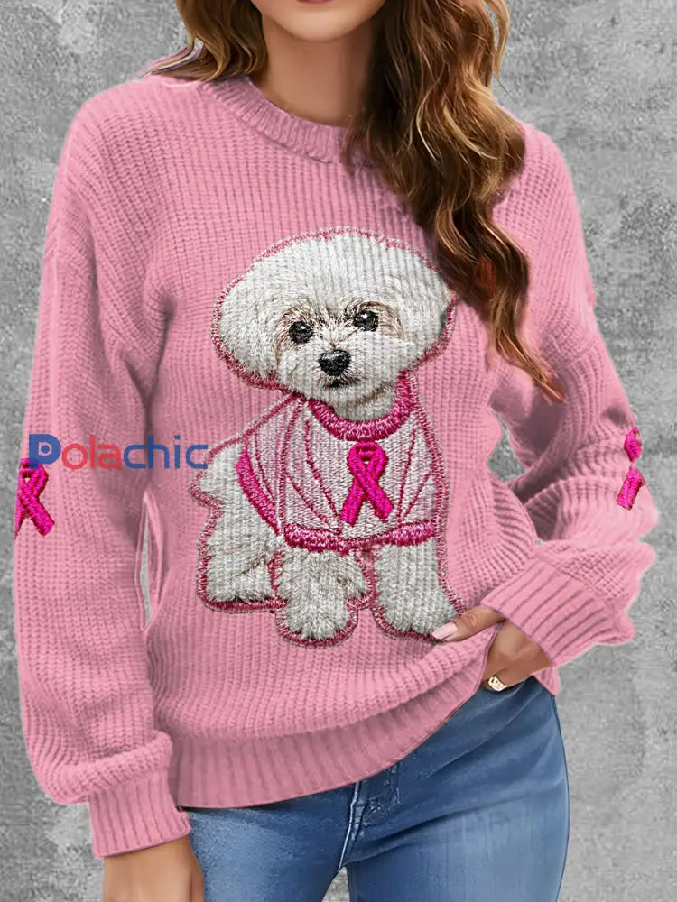 Le chien du cancer du sein des femmes a imprimé autour du chandail confortable de cou Rose / S