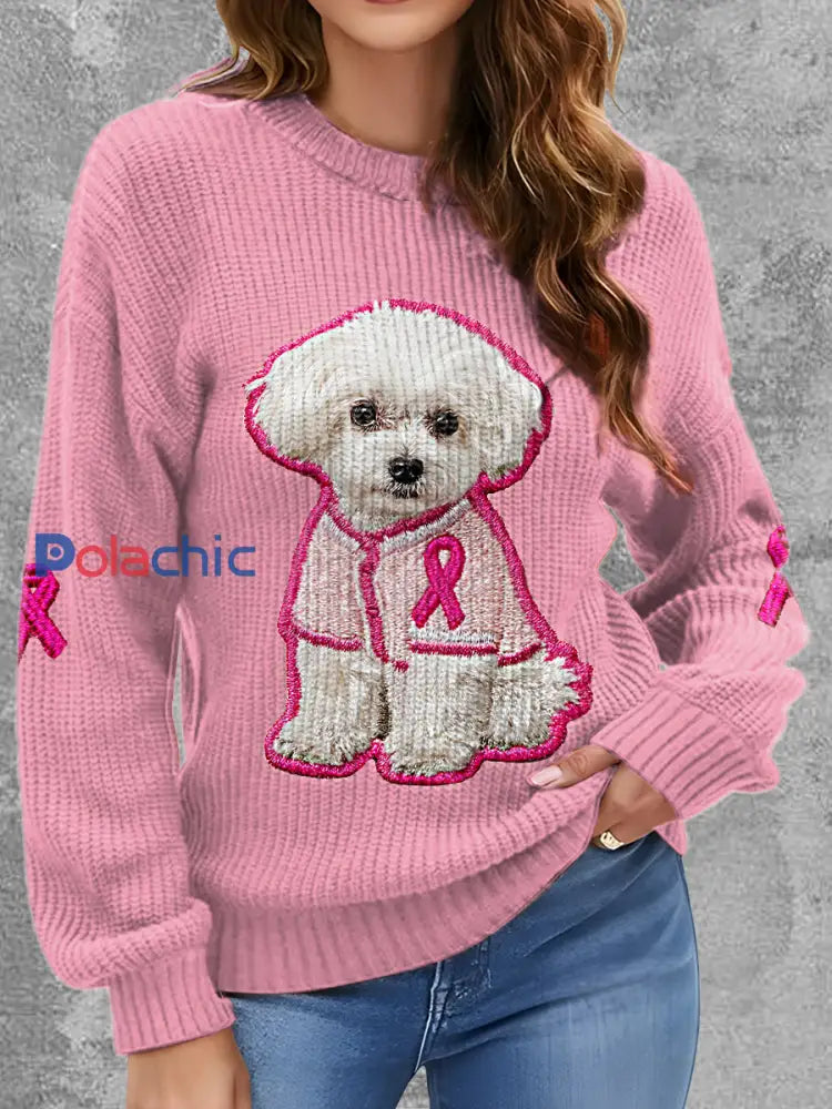 Le chien du cancer du sein des femmes a imprimé autour du chandail confortable de cou Rose / S