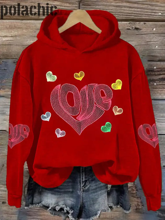 Le Coeur Coloré De Paillette La Saint-Valentin A Imprimé Le Pull Rond Douille Longue Lâche