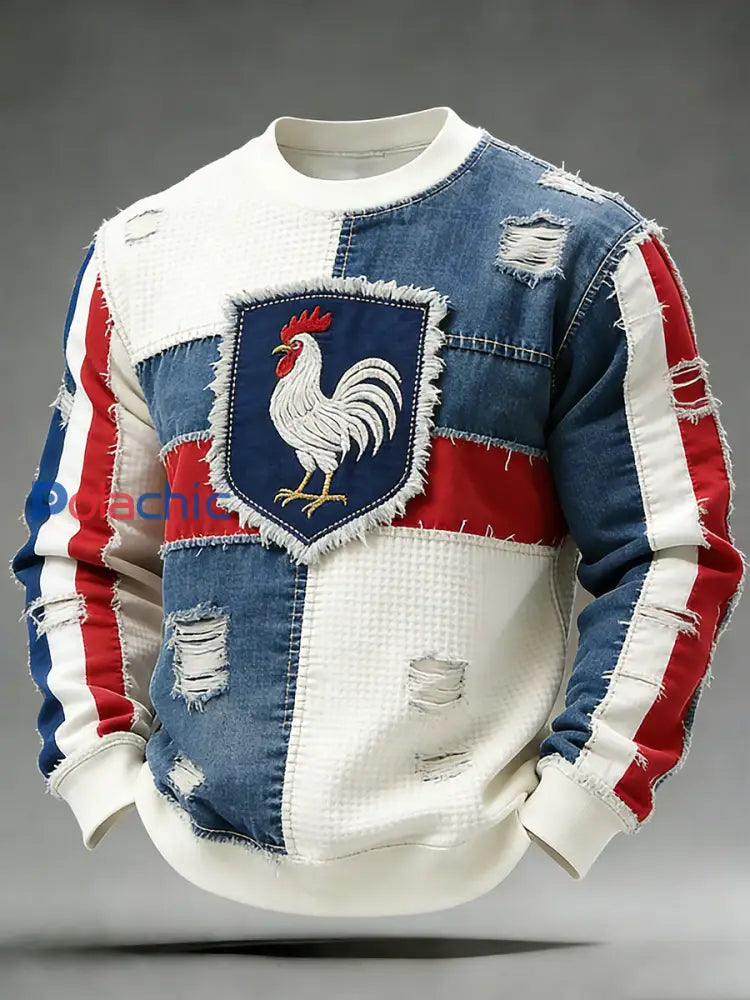 Le drapeau français rétro et le coq gaulois Patchwork Casual Waffle-Knit haut confortable A / S