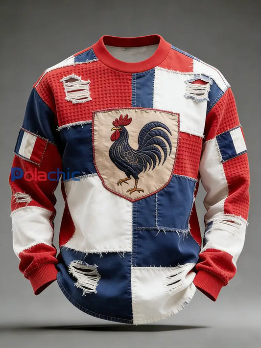 Le drapeau français rétro et le coq gaulois Patchwork Casual Waffle-Knit haut confortable A / S