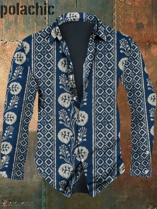 Le Modèle D’art Rétro Des Hommes A Imprimé La Chemise À Manches Longues De Revers Mode