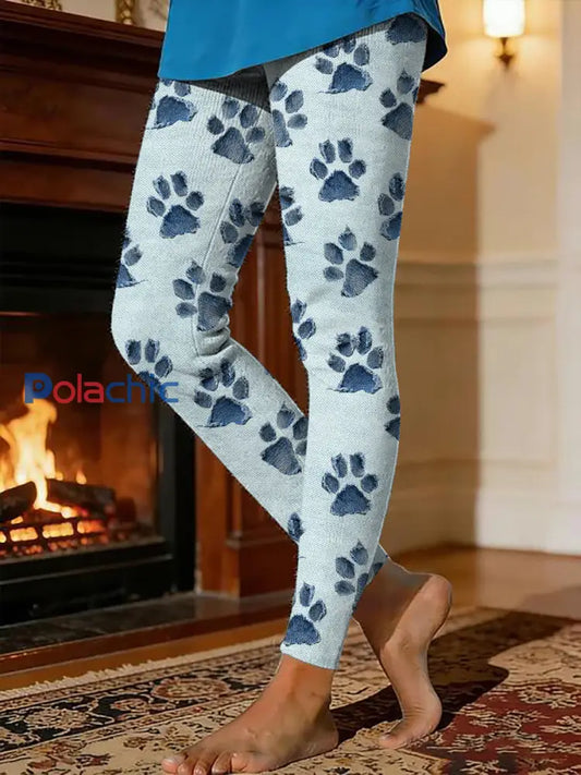 Leggings chauds doublés de molleton de patte de chien des femmes Bleu clair / S