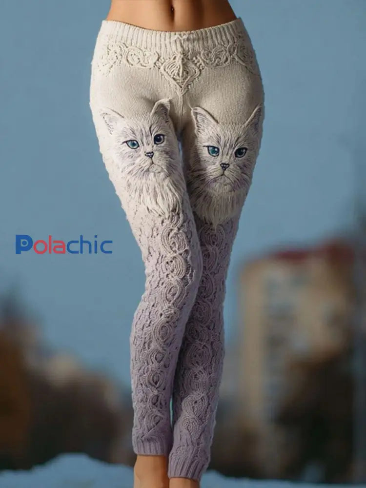 Leggings confortables en tricot d’art de chat vintage pour femmes comme image / S