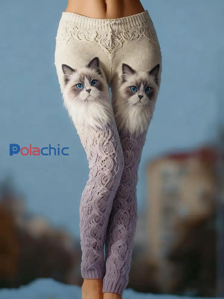 Leggings confortables en tricot d’art de chat vintage pour femmes comme image / S