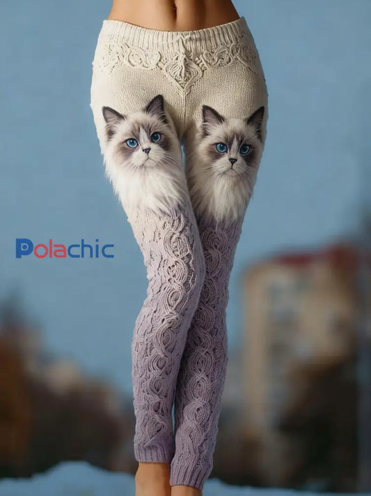 Leggings confortables en tricot d’art de chat vintage pour femmes comme image / S