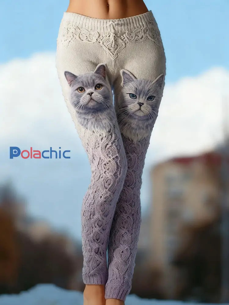 Leggings confortables en tricot d’art de chat vintage pour femmes comme image / S