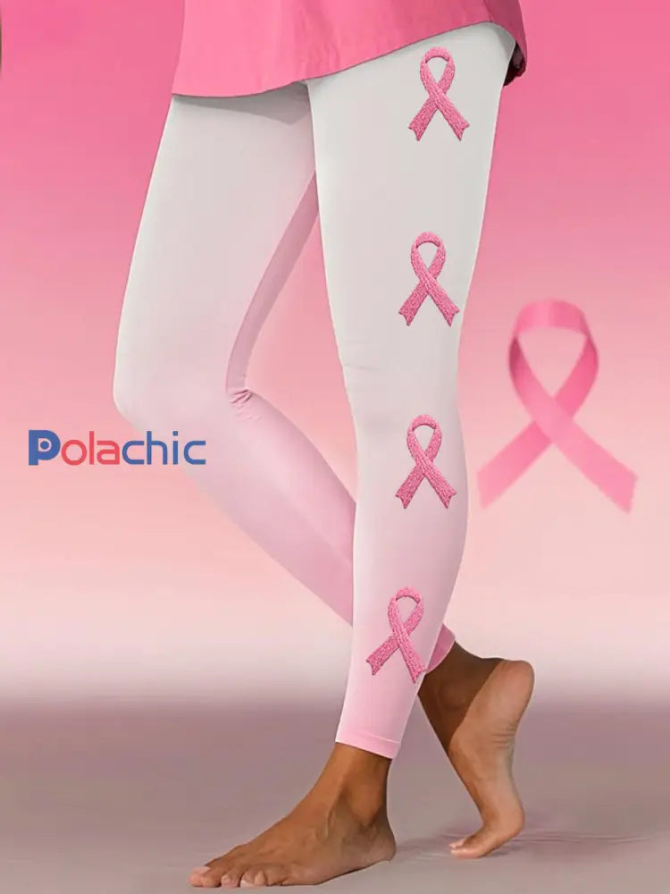 Leggings de soutien de sensibilisation au cancer du sein avec ruban rose pour femmes Rose-Blanc / S