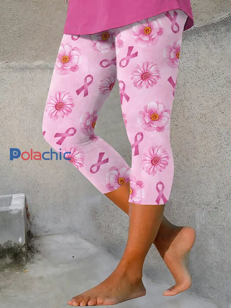Leggings imprimés de ruban floral de sensibilisation au cancer du sein pour femmes Rose / S