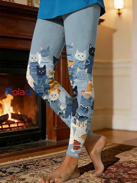 Leggings thermiques d’ouatine d’impression du chaton des femmes Bleu clair / S