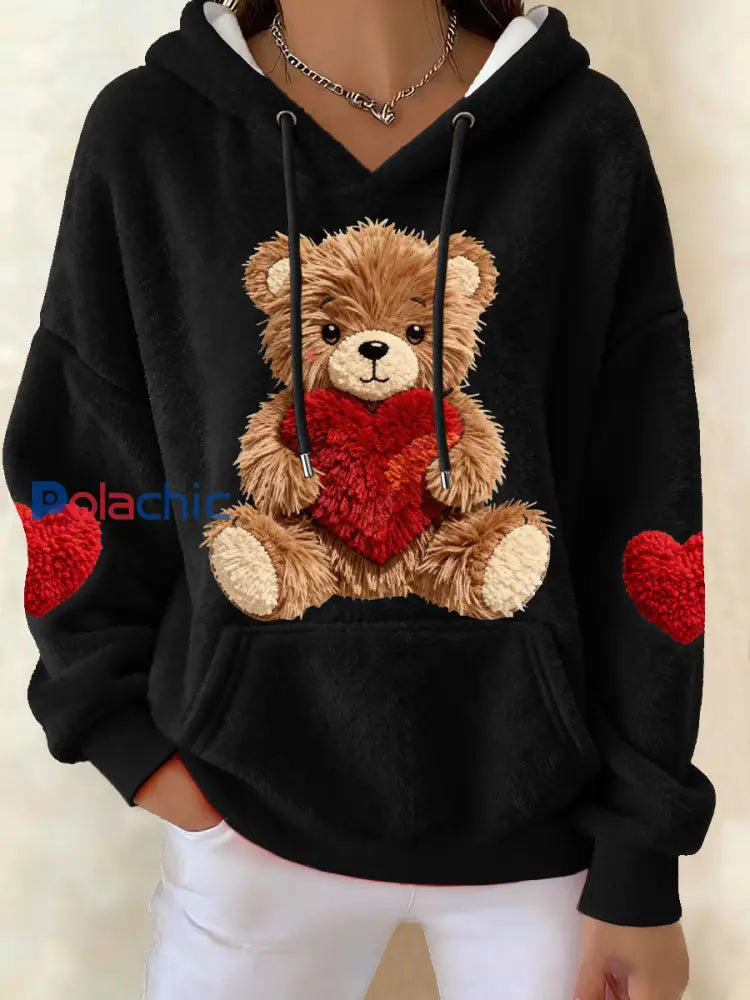Les femmes de la Saint-Valentin Teddy Bear Sweats à capuche en molleton Noir / S