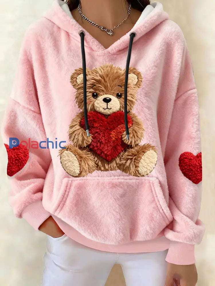 Les femmes de la Saint-Valentin Teddy Bear Sweats à capuche en molleton Rose / S