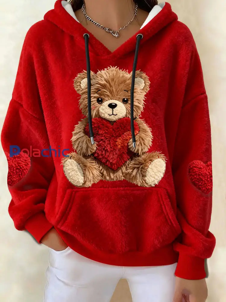 Les femmes de la Saint-Valentin Teddy Bear Sweats à capuche en molleton Rouge / S