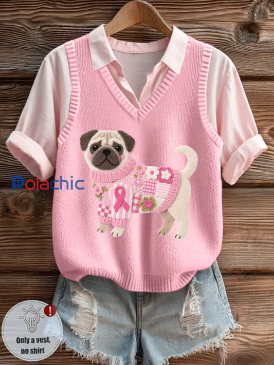 Les femmes de l’art de feutre motif Pug gilet en tricot confortable Rose / S