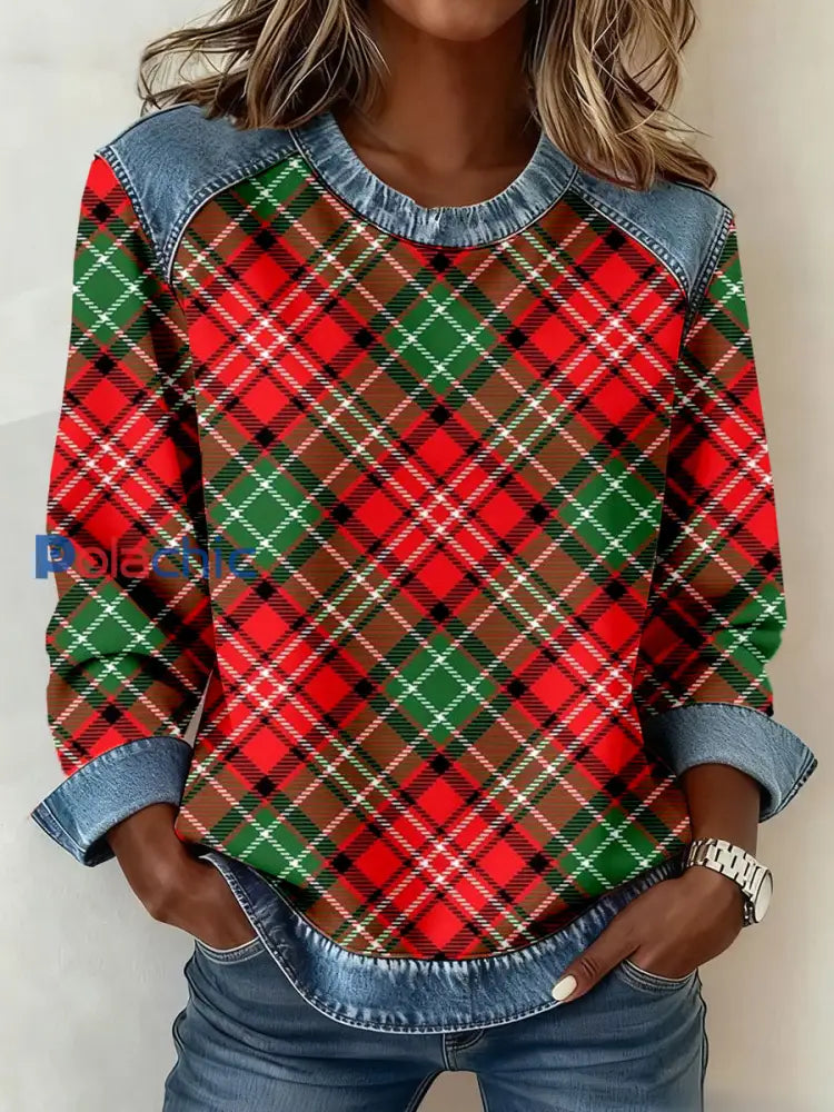 Les femmes de Noël inspiré Plaid Patchwork Art Sweatshirt comme image / S