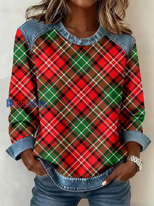 Les femmes de Noël inspiré Plaid Patchwork Art Sweatshirt comme image / S