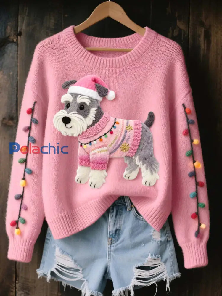 Les femmes de Noël Schnauzer chien en feutre Art pull en tricot confortable Rose / S