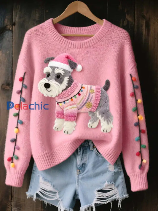 Les femmes de Noël Schnauzer chien en feutre Art pull en tricot confortable Rose / S