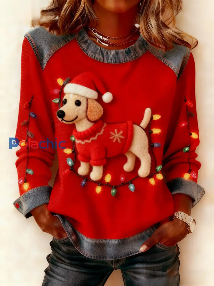 Les femmes de Noël Vintage chien Denim Patchwork Sweatshirt Rouge / S