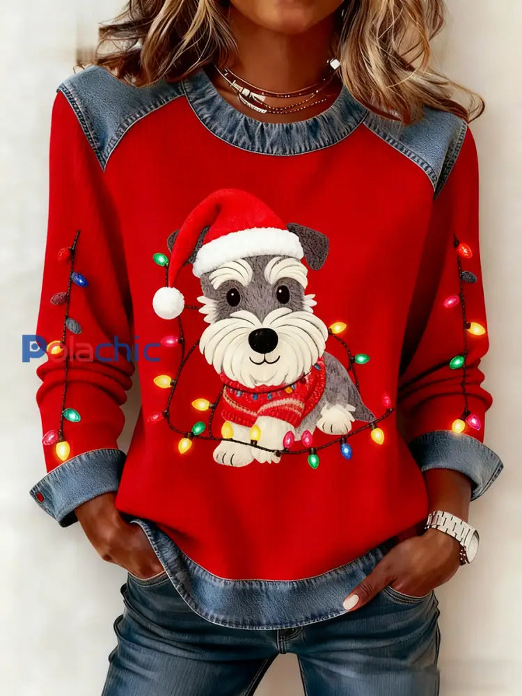 Les femmes de Noël Vintage chien Denim Patchwork Sweatshirt Rouge / S