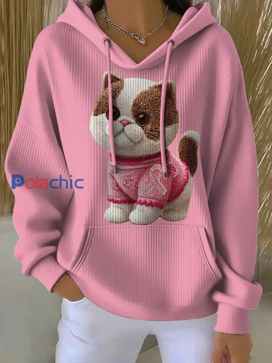 Les femmes du cancer du sein chat imprimé col rond à manches longues Hoodie Rose / S