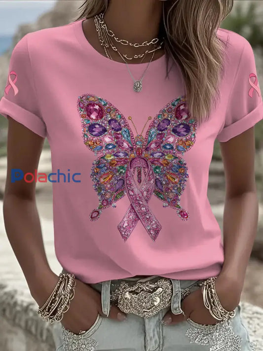 Les femmes du cancer du sein papillon imprimé mode Vintage lâche T shirt à manches courtes Rose / S