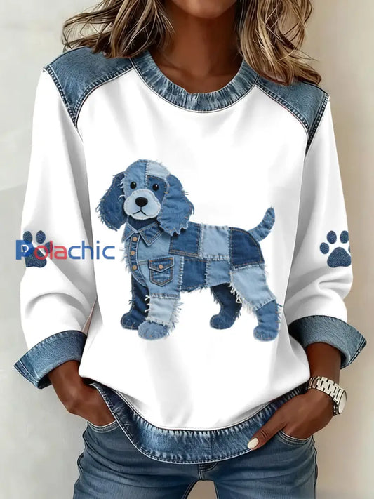 Les femmes Lovely Cocker Spaniel Motif Denim Patchwork Sweatshirt Blanc / S