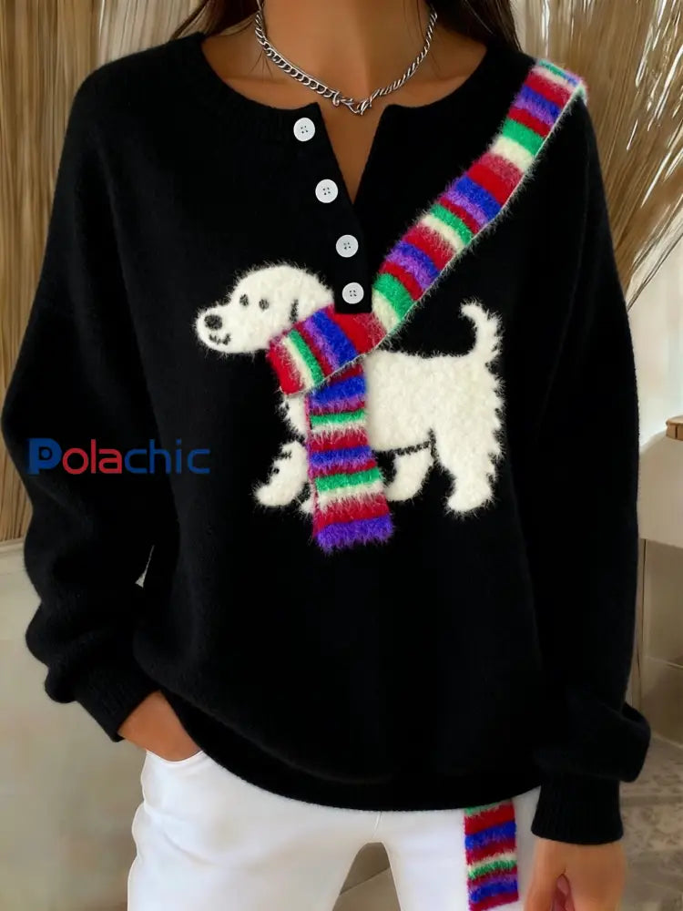 Les femmes rétro mignon Fun écharpe chien Art Print boutonné Cardigan Pull Noir / S