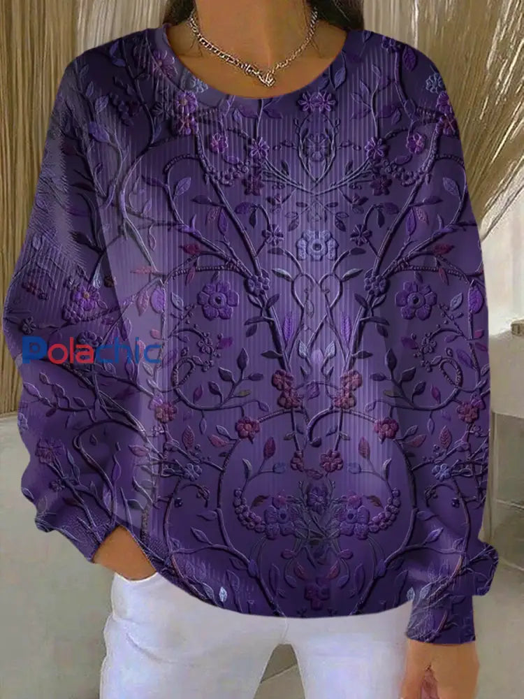 Les femmes’s Casual Violet Floral Texture épaissie Sweatshirt Violet / S