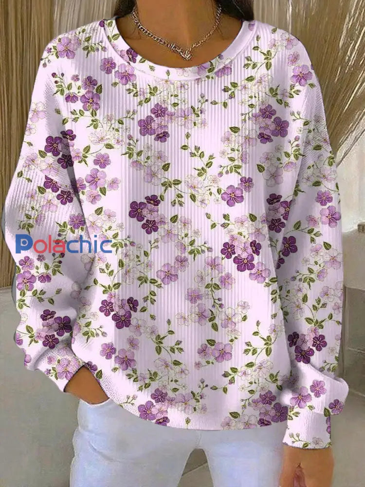 Les femmes’s Casual Violet Floral Texture épaissie Sweatshirt Violet / S