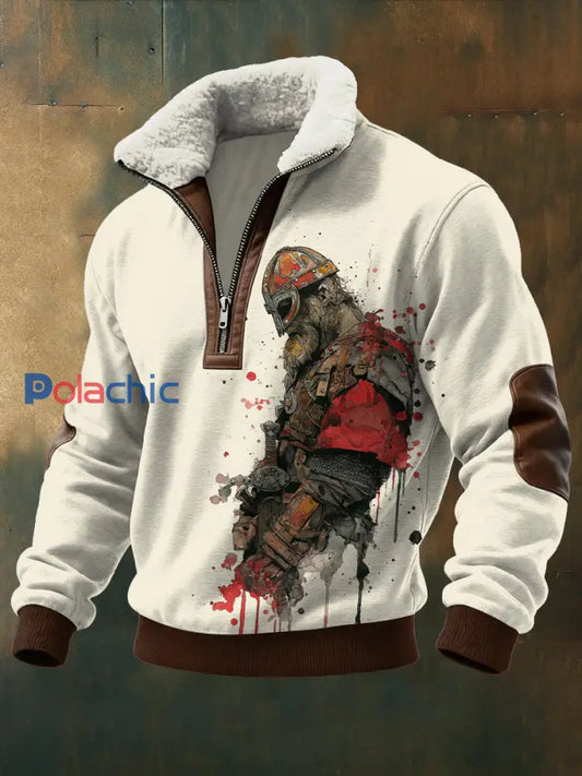 Les hommes de Viking guerrier imprimé à manches longues col montant Zipper agneau laine Top Beige / S