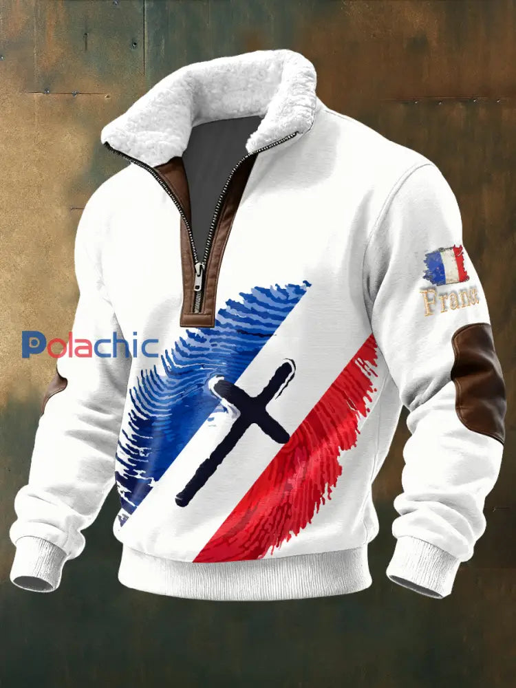 Les hommes du drapeau français d’empreintes digitales Stand Collar Sweatshirt Blanc / S
