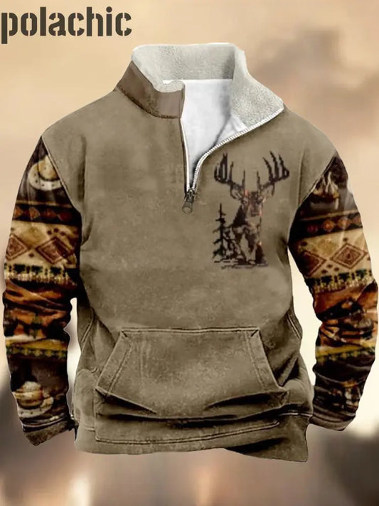 Les Hommes’s Retro Western Texture Motif Imprimer Henry Casual Extérieur Épais Sweatshirt A / S