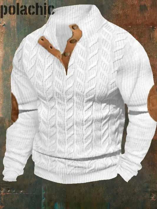 Les Hommes’s Retro Western Texture Motif Imprimer Henry Casual Extérieur Épais Sweatshirt A / S