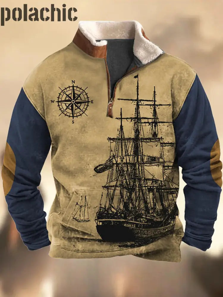 Les Hommes’s Retro Western Texture Motif Imprimer Henry Casual Extérieur Épais Sweatshirt A / S