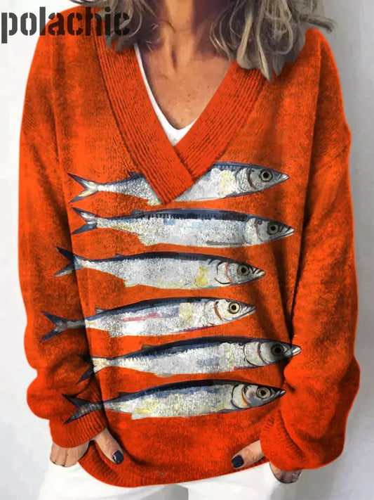 Les Poissons Marins Rétro Ont Imprimé Le Sweat-Shirt Lâche À Manches Longues Confortable