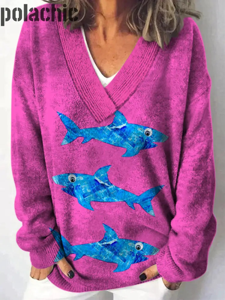 Les Poissons Marins Rétro Ont Imprimé Le Sweat-Shirt Lâche À Manches Longues Confortable