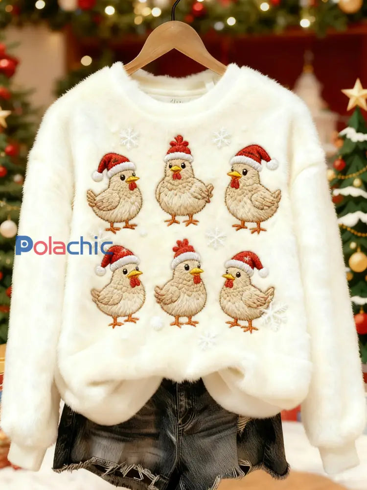 Les poulets de Noël mignons des femmes Imprimer Flanelle Casual Sweatshirt Blanc-Crémeux / S