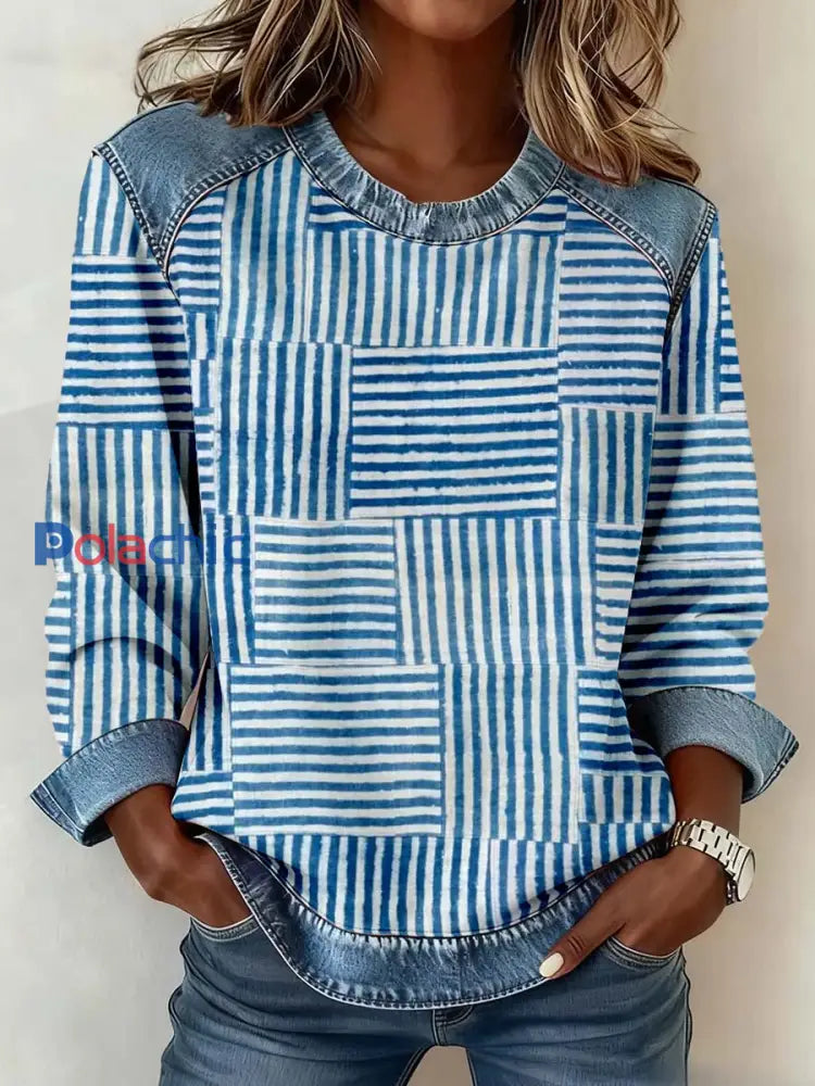 Ligne de femmes aquarelle Imprimer Patchwork Art Sweatshirt comme image / S