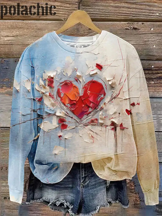 Love Valentine’s Peinture À L’huile Imprimé Col Rond Pull Loose Manches Longues Sweatshirt A / S