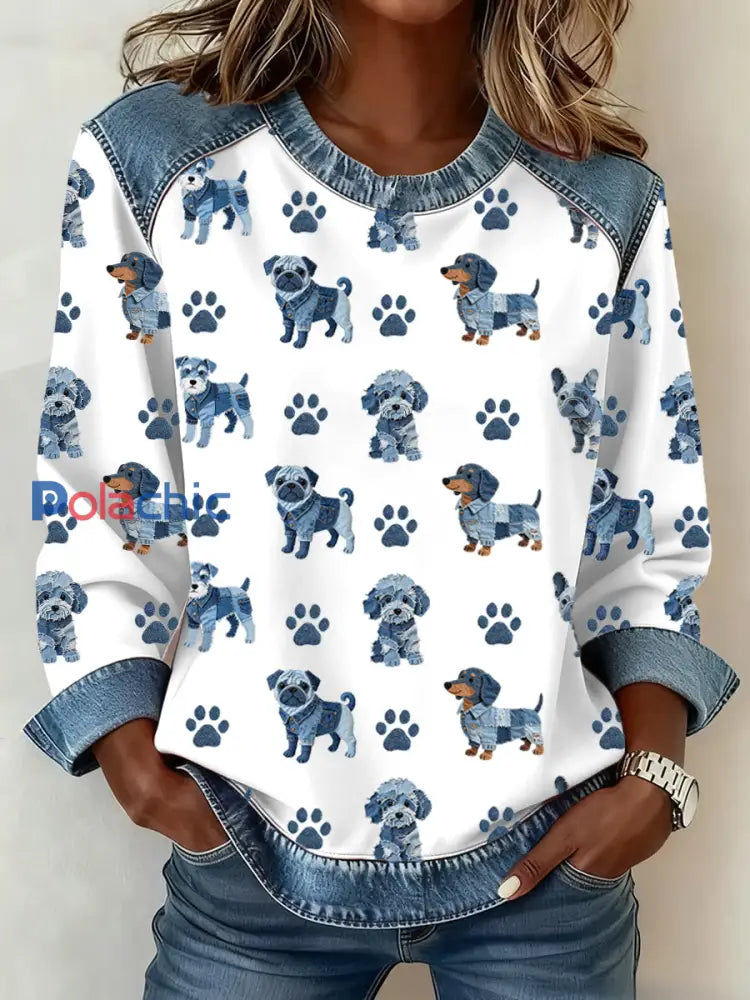 Lovely Dog Pattern Denim Patchwork Sweatshirt pour femmes Blanc / S