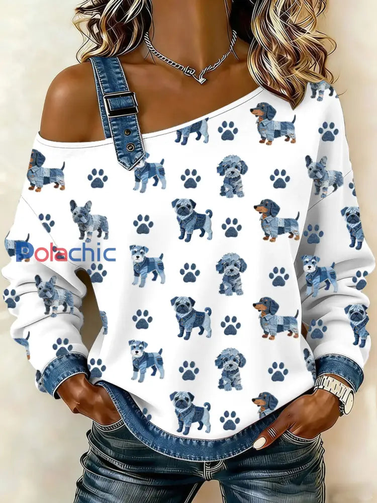 Lovely Dog Pattern Denim Patchwork Top des femmes Blanc / S
