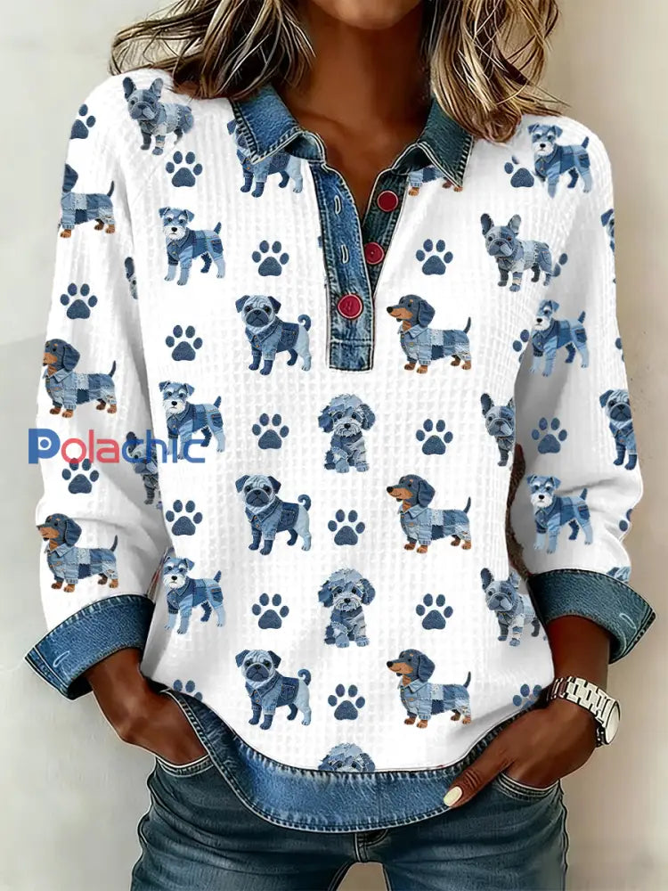 Lovely Dog Pattern Denim Patchwork Top des femmes Blanc / S